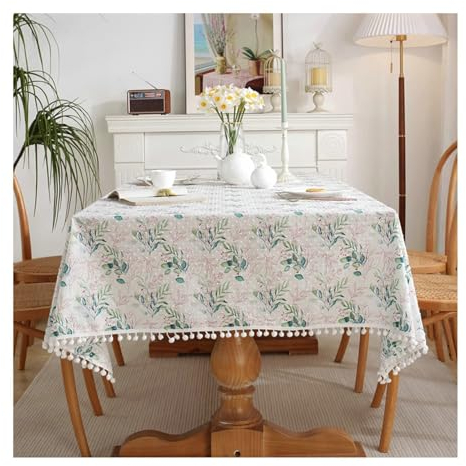 BCughia Tischdecke 120x160 Grün, Tischdecken Fleckenabweisend Rechteckig Baumwolle Blumen Gedruckt mit Kugel Tischtuch für Indoor, Outdoor, Essen, Küche