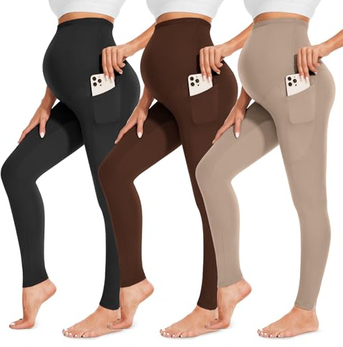 FULLSOFT Umstandsleggings für Damen, mit hoher Taille, für Workout, Schwangerschaft, Yoga, Taschen, 3er-Pack