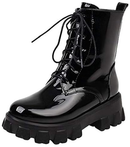 Botines Combate Media Pantorrilla Charol para Mujer,Botines Moto con tacón Bloque Grueso y Medio con Cordones,Botas caña Baja de Corte bajo con Cremallera Lateral y Plataforma,Negro,39 EU