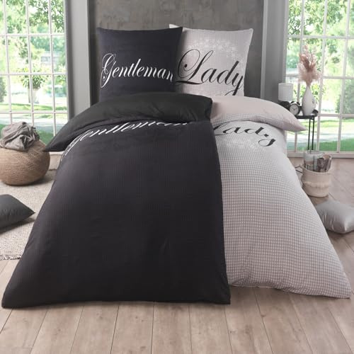 Kuscheli® 4-teilig Partner Bettwäsche 135x200 mit 80x80 Kissenbezug | ÖkoTex Zertifiziert | seidig weich, Mikrofaser Bettwäsche für Paare, Farbe:Lady-Gentleman, Größe:135x200