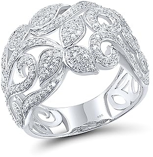 Santuzza 925 Sterling Silver Leaf Vine Pattern Ring White Cubic Zirconia Plant Ring for Women