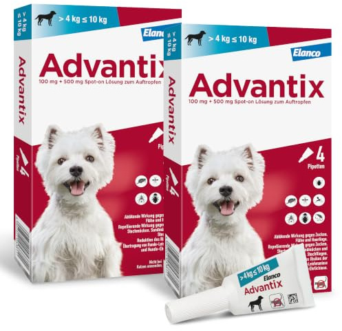 Advantix Spot-on für Hunde 4-10 kg gegen Zecken, Flöhe, Mücken, 8 Pipetten | Wehrt Zecken, Mücken & Stechfliegen ab, bevor sie stechen. Tötet Flöhe schnell ab. Idealer Reiseschutz für deinen Hund.