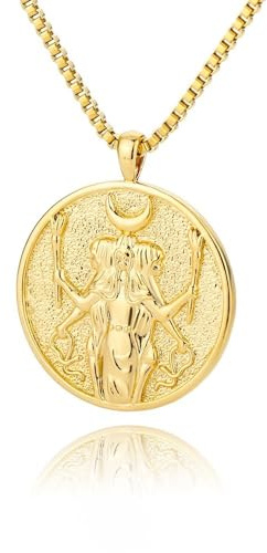 UNGUGU Collar con Moneda Bañada En Oro De 18 Quilates De Hécate,Atenea Y Artemisa,Collar con Medallón De La Reina De La Mitología Griega For Mujer
