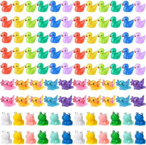 Barydat Lot de 100 mini figurines d'animaux en résine en vrac 3 styles petits canards axolotl grenouille figurines pour cacher les petits animaux miniatures pour farces jardin maison de poupée micro