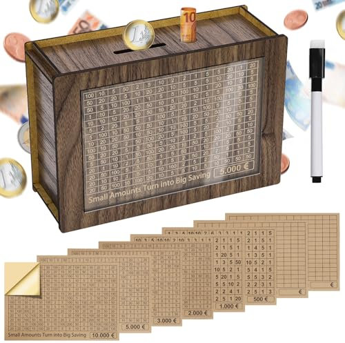 Alyvisun Salvadanaio €5000 in Legno con Adesivi e Pennarello, Riutilizzabile Salvadanaio Conta Soldi Cash Box con Obiettivo di Risparmio e Numeri 500€-10000€ per Bambini e Adulti