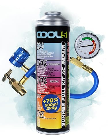 COOL5 recharge gaz de remplacement r134a, réfrigérant de remplacement r134a pour climatisation automobile - 1 boîte 5en1, 290 g + tuyau de mesure + APC 500ml