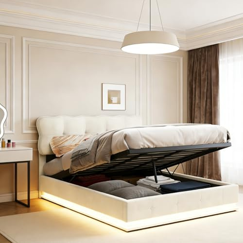 JiaOyu Polsterbett 160x200 cm, LED Bett mit Stauraum & Lattenrost, Doppelbett mit Gepolstertem Kopfteil, Seniorenbett Jugendbett Mädchen Bett, Hydraulisch, Samt, Beige (A, 160X200CM)
