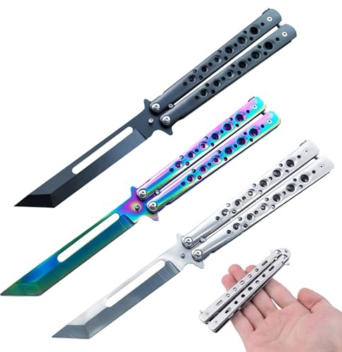 WANDGU 3-delar Butterfly Trainer: fjärilskniv för övning, slipad klinga, fjärilskam, i rostfritt stål, Balisong Initiator Flipping Tricks (svart+)