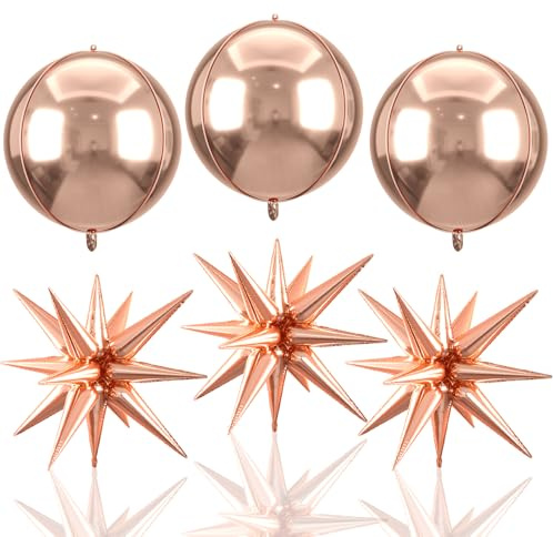 6pcs 22 inch Rose Gold Star Balloons and Rose Gold 4D Large Foil Balloons, Foil Star Balloon 4D Aluminum Balloon For Birthday Baby Shower Party Wedding Anniversary Bridal Shower Engagement Decoration
