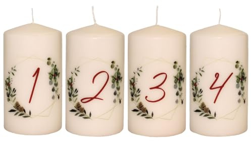 INNA-GLAS Weihnachtskerzen CHRISTOPHORUS, creme-bunt, 13cm, Ø6,8cm, 52h | mit Zahlen Fotodruck - 4 Stück, Made in Germany - Adventskerzen
