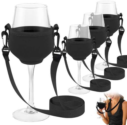 4 Stück Weinglashalter zum Umhängen,Weinglas-Halshalter, Festival Wine Glass Holder für Picknick Pool Festivals Hochzeit Geburtstag Party(Schwarz)