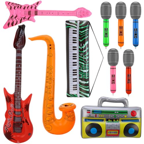 GSrenyu 10 Pcs Photo Booth Props Inflatable Party Props Guitar Recorder Sachs Piano Bass Microphone Inflatable Instruments for 80s 90s Carnival Disco Party