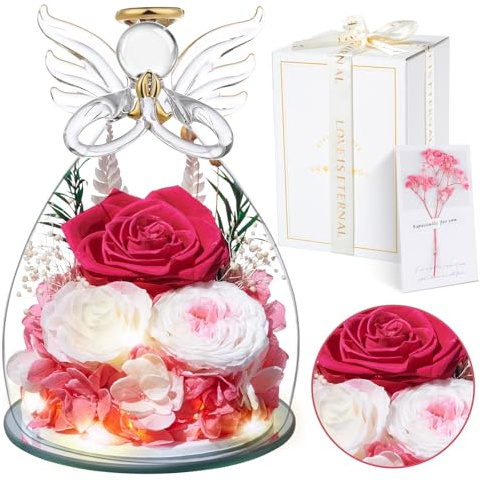 Touloube Rosa Stabilizzata Vera Regalo Donna, Rosa Eterna con Angelo di Vetro per Mamma, Idee Fiore Regalo Anniversario Regali Natale San Valentino Festa della Mamma per Lei Nonna Fidanzata