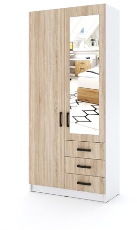 Marlux-Meble Kleiderschrank Sigma 90 cm breit mit Spiegel 2 Drehtüren und 3 Schubladen Korpus in Weiß Matt Schlafzimmerschrank Kinderzimmerschrank (Türen-Sonoma-Eiche, Schubladen-Sonoma-Eiche)
