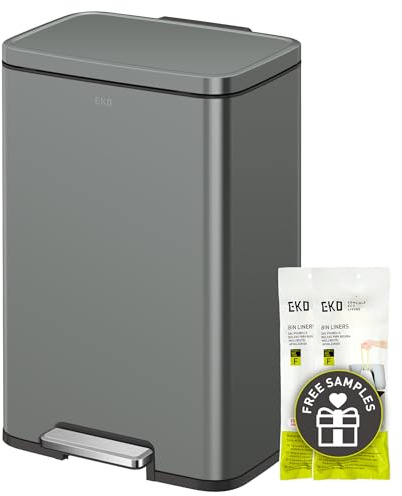 EKO Madison Nardo - Cubo de basura de acero inoxidable gris de 50 litros/13.2 galones con forro interior, acabado resistente a las huellas dactilares