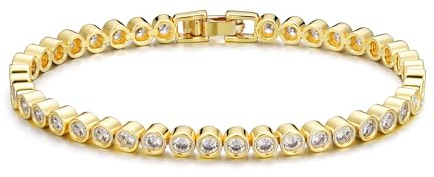 TINGN Guldtonarmband för kvinnor 14K guldpläterat tennisarmband elegant kubisk zirkonia armband klassiskt 3 mm rund/fyrkantigt CZ arm smycken gåvor för kvinnor, 7.5 inches, Mässing