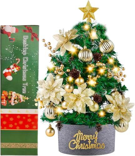 WINOK Mini julgran 60 cm, liten julgran med belysning LED-bord julgran liten konstgjord dekorerad för juldekoration och festtillbehör – grön