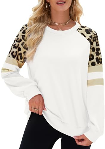 Quatrefox Sweatshirt Damen Baumwolle Leopard Shirt Langarm Tshirt Frauen Oberteile Lässige Baumwolle Rundhals Farbblock Leicht Tunika für Herbst Frühling Winter