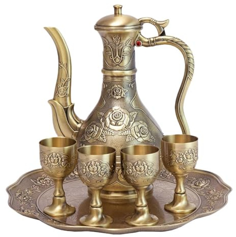 BESTonZON 1 ensemble de services à thé turcs, cafetière vintage avec tasse à café et plateau, théière en métal, carafe à vin pour thé, artisanat, décoration de mariage