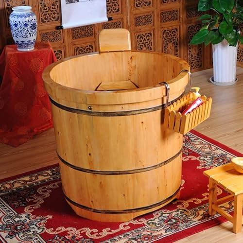 MegLob Kompakte Holzbadewanne, Platzsparende Badewanne Aus Massivholz Für Kleine Badezimmer, Freistehende Runde Badewanne, Sitzbadewanne Aus Holz Mit Abwassersystem,80cm/31.5in