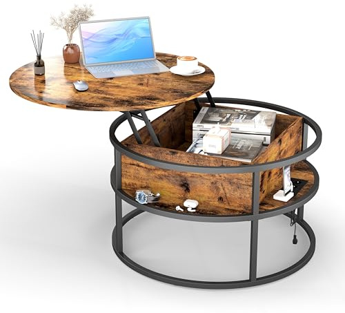Xinyvee Table Basse avec Rangement de Style Industriel, Table Ronde Bois Moderne avec Bande Lumineuse LED, Table Basse Relevable avec Prises (Vintage)
