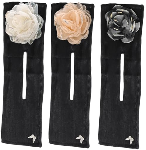 TOVINANNA 3pcs Hair Bun Maker Shaper Set with Floral Silk Camellia and Wire Clips, Hair Donut Former for Women and Girls, Black White Apricot White Colors, Easy Updo Styling Accessories for Daily Use