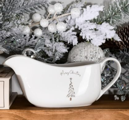 New Metallic Gold Pine Gravy Boat, Gold Pine Detailing with A Festive Message, Along with Sleek Handle and Pouring Spout, Perfect for Serving Up Sauces and Gravies, Elevate Your Table Setting - White