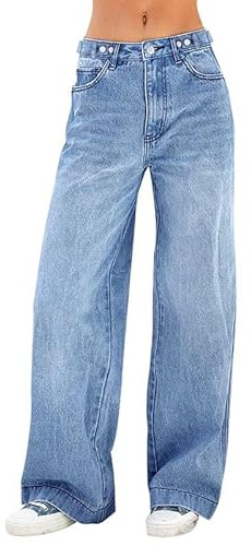 EMMIOL Women's Wide Leg Jeans Baggy Jeans Mid Waist Stretch Boyfriend Denim Pants Vintage Trousers with Pocket