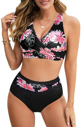 UMIPUBO Bikini Damen Set Bauchweg Große Brüste High Waist Push Up Bikinis Gekreuztem V Ausschnitt Sexy Bademode Bauchkontrolle Swimsuit Strandbikini (Blumen Rosa, L)