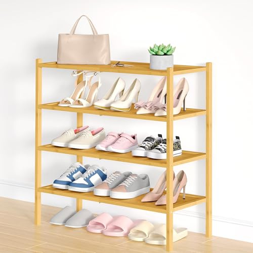 smiry Bamboo Shoe Rack, 4 Tier Shoe Organizer for Entryway & Living Room, Stackable Free Standing Storage Shelf for Shoes, Bags & Plants, Natural