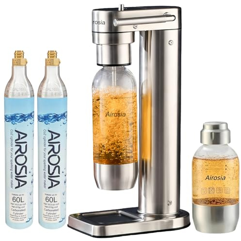 Carbonates Any Drink-Airosia Soda Maker Machine-304 Stainless Steel Sparkling Water Maker, Carbonator Machine with BPA Free Bottles(1L+0.5L) (Two CO2 Carbonator)
