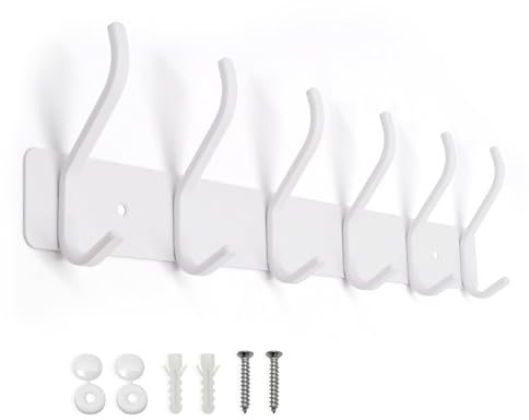 AJLTPA Coat Hooks Wall Mounted, Metal White Coat Rack, 6 Double Hooks