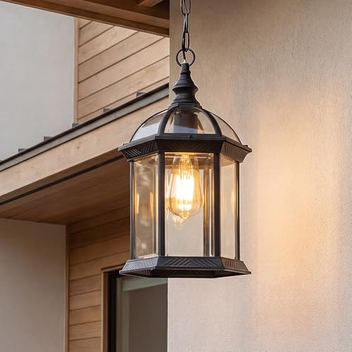Suspension Luminaire Lampe Exterieur RéTro Noir,Aluminium et verre LumièRe ExtéRieure E27 Vintage éTanche ImperméAble Lustre Couloir Industriel Lanterne Exterieur Jardin Terrasse Pavillon Garage