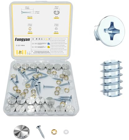 Fangyan 20PCS 16mm Mirror Screw Cover Caps, 304 Stainless Steel Decorative Glass Fixing Screws with Copper Washers & Rubber Rings for Bathroom Mirrors, Wall Signs & Furniture