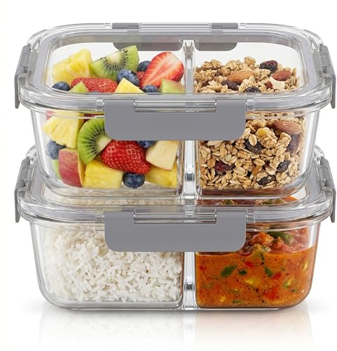 Arendo - Lunchboxen Glas - 2 Fächer - Frischhaltedosen für Lebensmittel mit Deckel luftdicht - 2er Set - 1500 ml - für Mikrowelle Ofen Gefrierschrank - Spülmaschinen geeignet - Vorratsdosen Meal Prep
