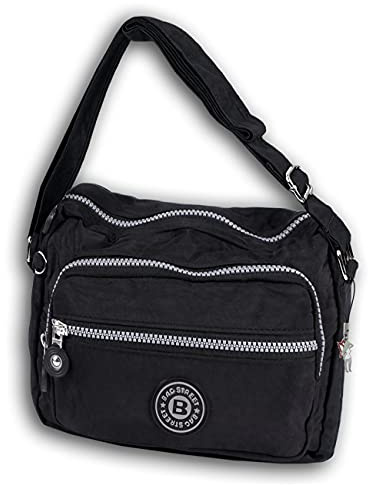 ekavale - Kleine leichte Damen-Handtasche Umhängetasche aus hochwertigem wasserabwesendem Crinkle Nylon inkl. Lederschlüsseltasche (schwarz)