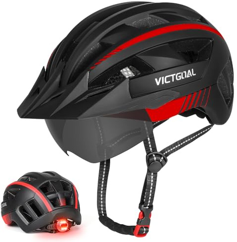VICTGOAL Bike Helmet for Men Women with Led Light Detachable Magnetic Goggles Removable Sun Visor Mountain & Road Bicycle Helmets Adjustable Size Adult Cycling Helmets (L: 57-61 cm, Black Red)
