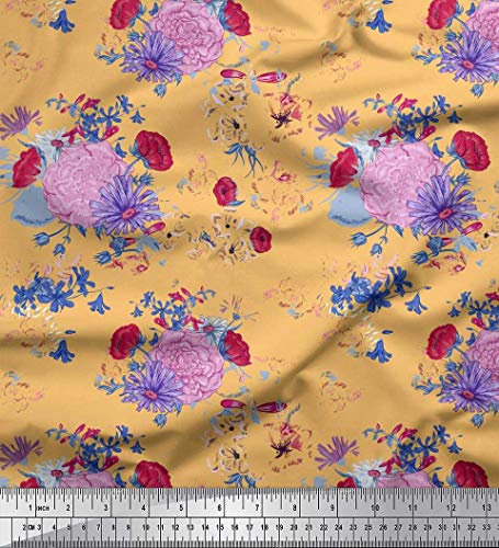 Soimoi Orange Baumwoll-Popeline Stoff Blutter, Aster & Begonie Blumen- Stoff drucken Meter 42 Zoll breit