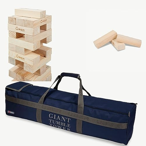 Uber Games Wackelturm XL Spiel Aus ECO echt hart Holz, 22kg-28kg | Stapelturm- Blockenspiel bis zu 150cm- Made in Indien, in Tragetasche