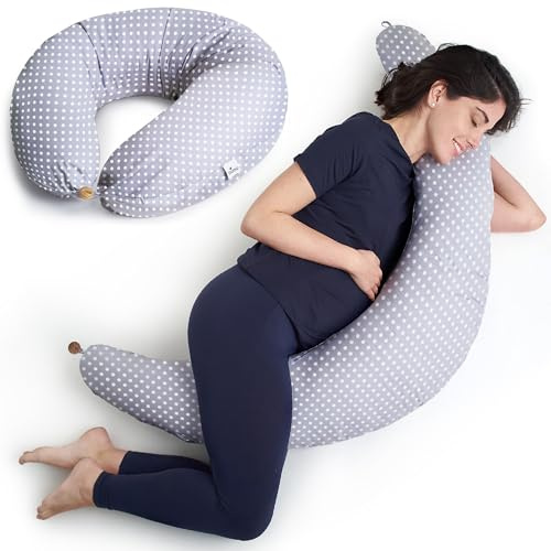 Niimo XXL 2-in-1 Schwangerschaftskissen & Stillkissen - 100% Baumwollbezug mit Faserfüllung, 100% Waschbar, Ergonomisch & Multifunktional, Grau mit weißen Punkten (200 x 70 cm)