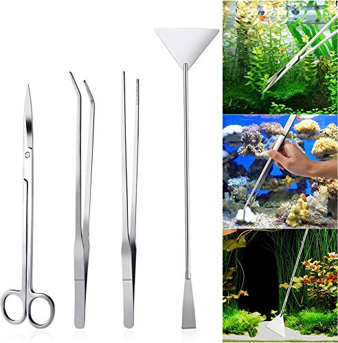 Queta 4 Stück Edelstahl Aquarium Aquascaping Kit mit Scheren, Pinzetten und Spatel Werkzeug-Set für Wasserpflanzen
