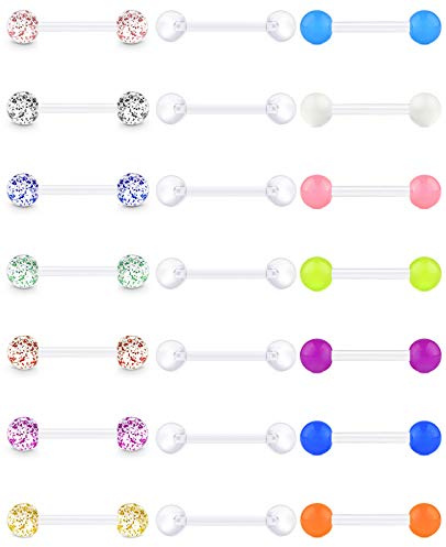 Vcmart 21 pièces Anneaux de Mamelon de Langue en Plastique Ensemble de Barres de retenue de Piercing Acrylique Bioflex Flexibles 12/14/16/18mm