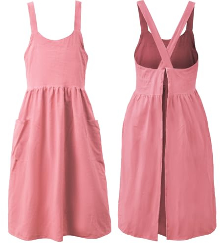 Uaussi Cotton Linen Apron Cross Back Work Apron for Women with Pockets Pinafore Dress X Cross Halter Aprons for Chef Garden-Pink