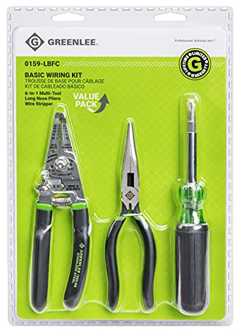 Greenlee, 0159-LBFC, 3-Piece Electrician Tool Kit with Stainless Steel Wire Stripper and Cable Crimper, 6-in-1 Multi-Tool Screwdriver and Bonus 7-Inch Long Nose Side-Cutting Pliers