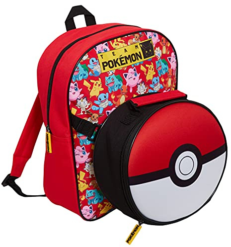Pokemon Pikachu ryggsäck med avtagbar isolerad lunchväska för pojkar och flickor, 2 delar, avtagbar isolerad smörgåslåda för varma eller kalla snacks, röd