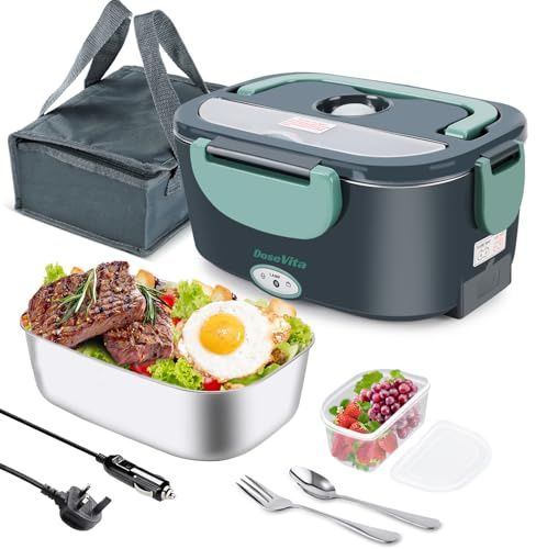 Dosevita Electric Lunch Box, 80W Heated Lunch Box 1.5L, 12V/24V/230V Portable Food Warmer for Adults, Leakproof Stainless Steel Lunch Heater with Insulated Bag & Cutlery for Car, Truck, Office & Home