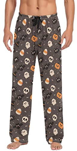 ODAWA Pyjamahose für Herren Halloween Kürbis Schlaf Lounge Hose mit Taschen Lange PJ Hose, Halloween-Kürbis-Totenkopf-Katze, Medium
