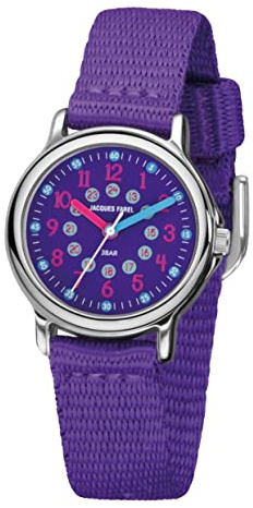 Jacques FAREL Kinder-Armbanduhr Lernuhr Mädchen Analog Quarz mit Textilband extra weich Violett Lila KCF 089