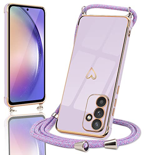 Micoden Handykette für Samsung Galaxy A54 5G Hülle mit Band Herz | Necklace Handyhülle Kameraschutz Herz Love Design Slim Galvanik Silikon TPU Case Kordel zum Umhängen Schutzhülle, Lila