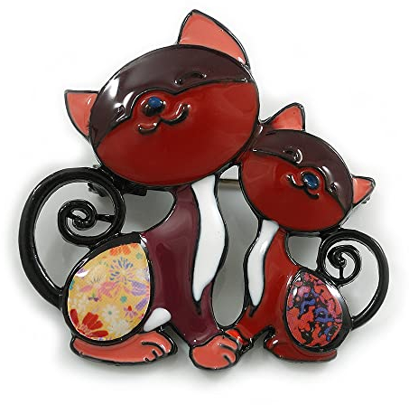 Broche en émail multicolore avec deux chats dans les tons noirs – 45 mm de diamètre, taille unique, émail, Pas de gemme